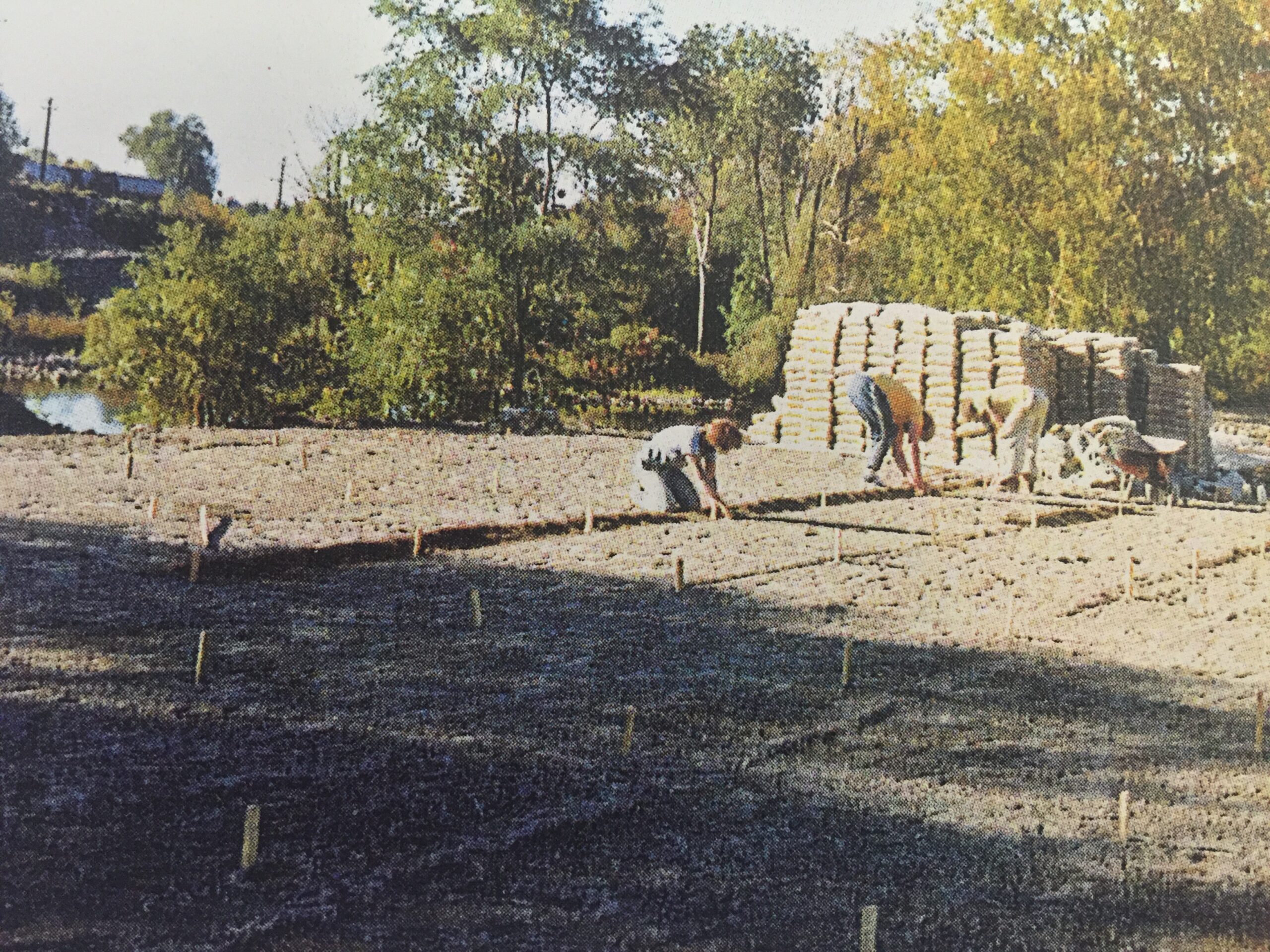 Preparing to lay the 80 lb bags of clay